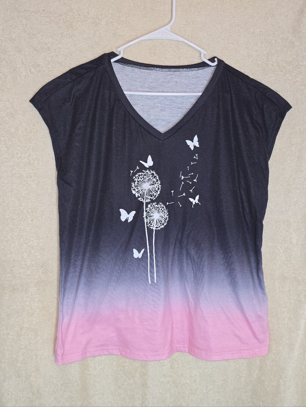 Shein Dandelion Print T-Shirt Black to Pink Ombre Batwing Sleeves Size XL